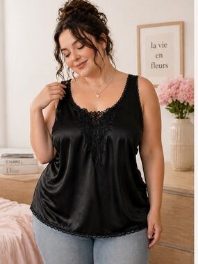 Vintage Honors Intimates Black Satin Lace Camisole Top 3X Silky Lingerie Tank